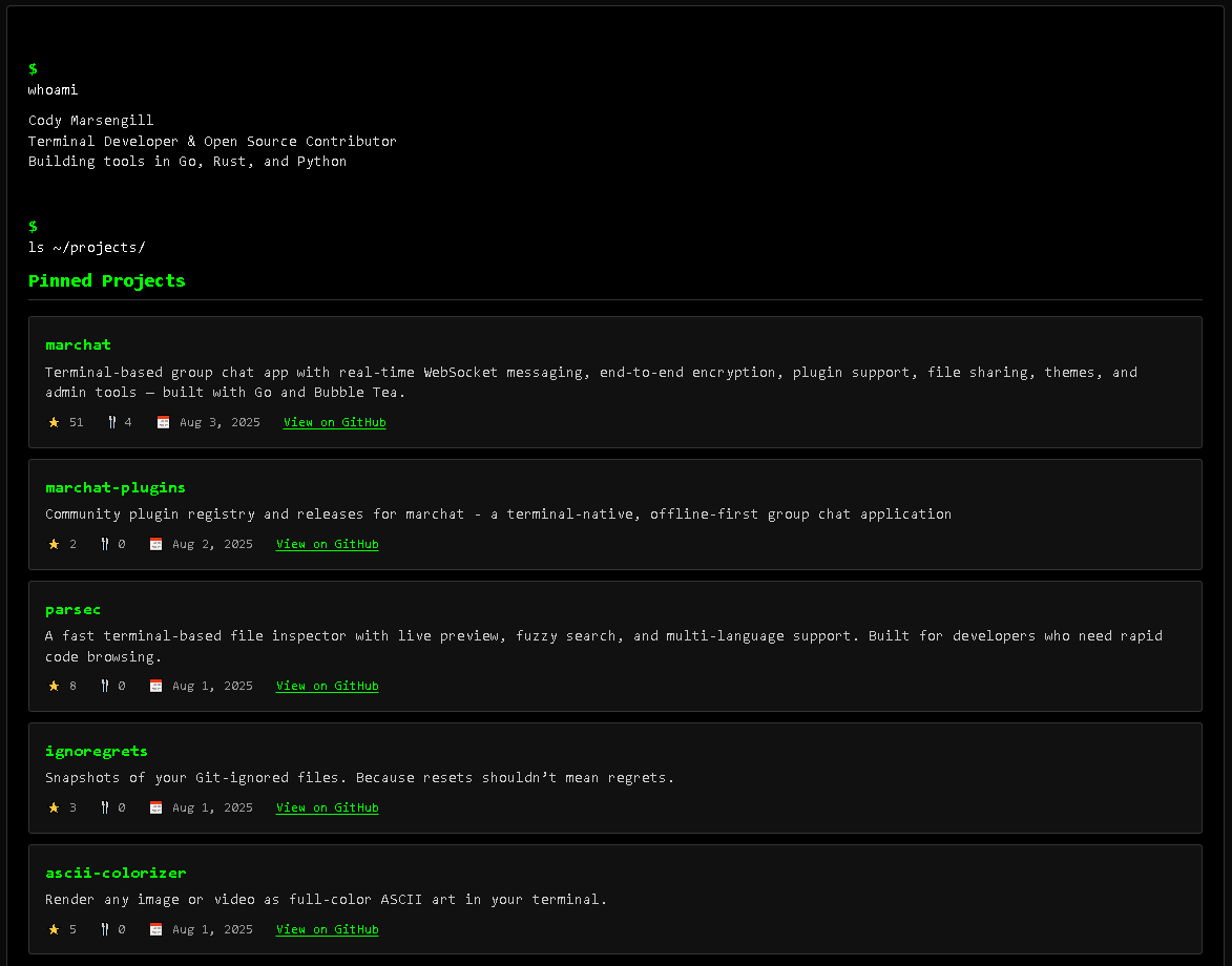 Show HN: Minimal terminal-style portfolio template (~13KB) with GitHub API data