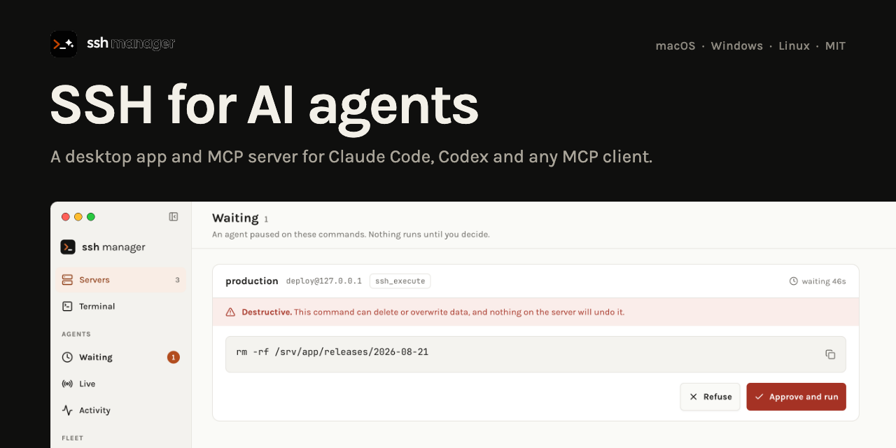 GitHub - bvisible/mcp-ssh-manager: MCP server for SSH: let Claude Code, Codex and any MCP client run commands, transfer files and manage ser