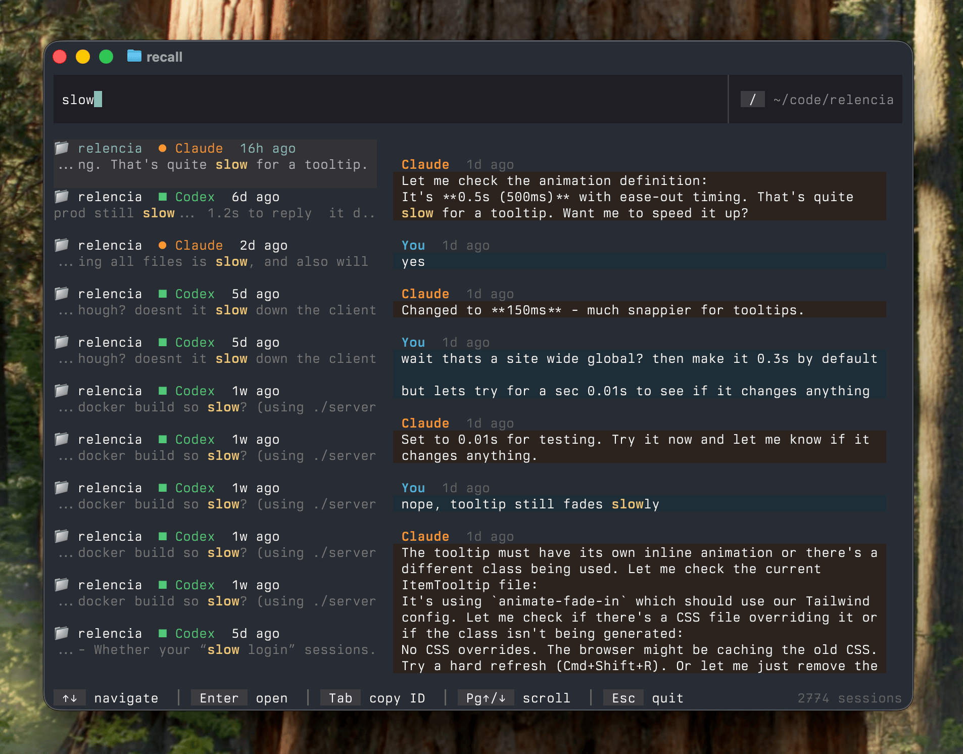Show HN: Recall - TUI to Resume Claude/Codex conversations with full-text search