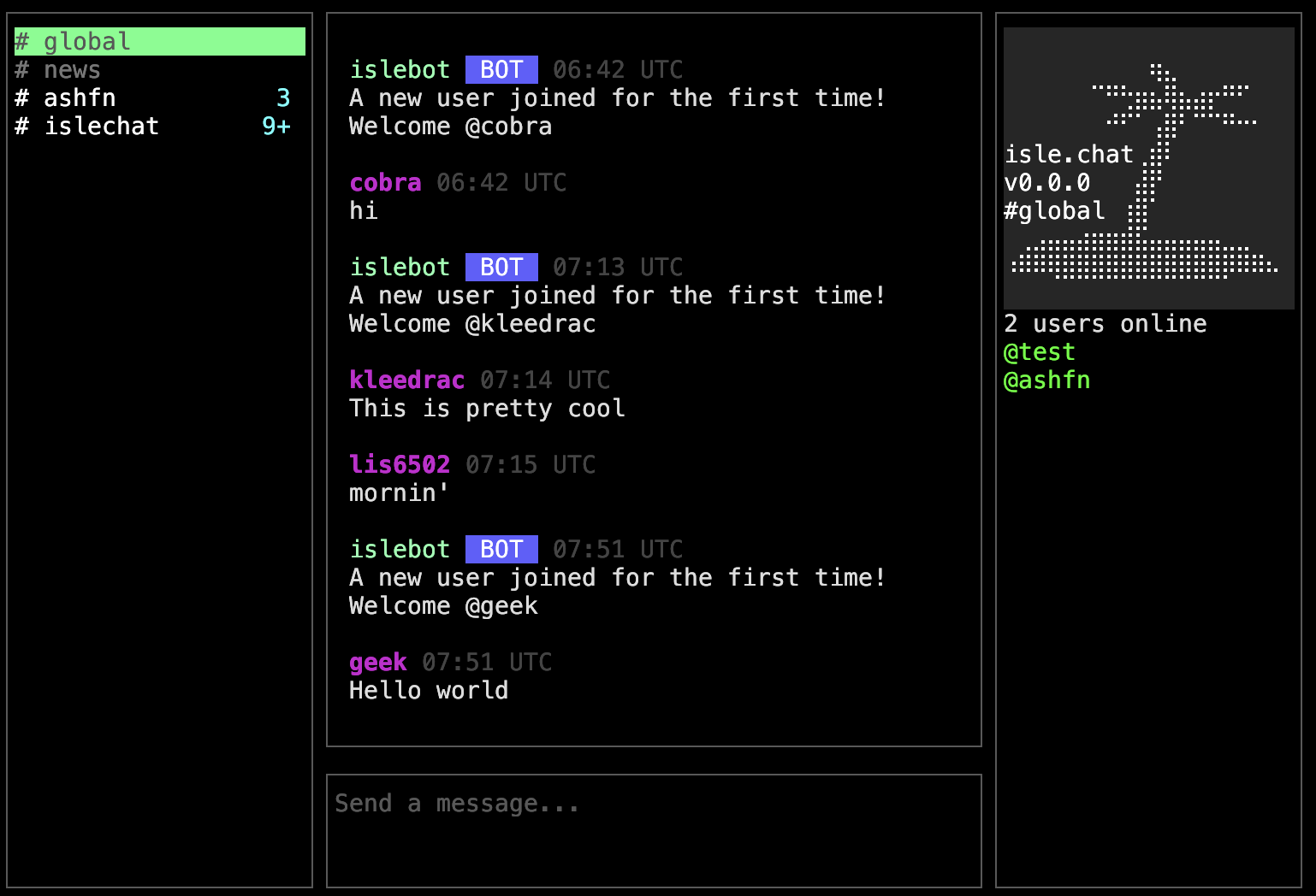 GitHub - ashfn/islechat: tiny chat server powered by SSH · GitHub
