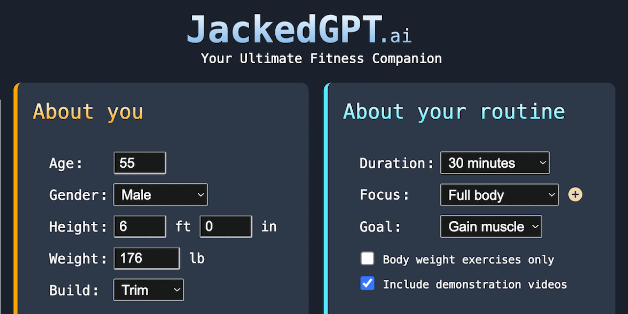 GitHub - evoluteur/jacked-gpt: AI-driven web application to create personalized workout routines tailored to your goals, helping you achieve peak performance. Say goodbye to generic workouts and hello to innovation!