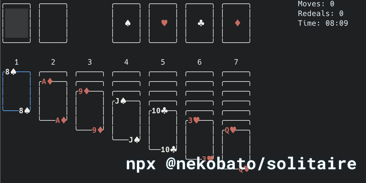 GitHub - nekobato/solitaire: TUI Solitire made from Node.js · GitHub