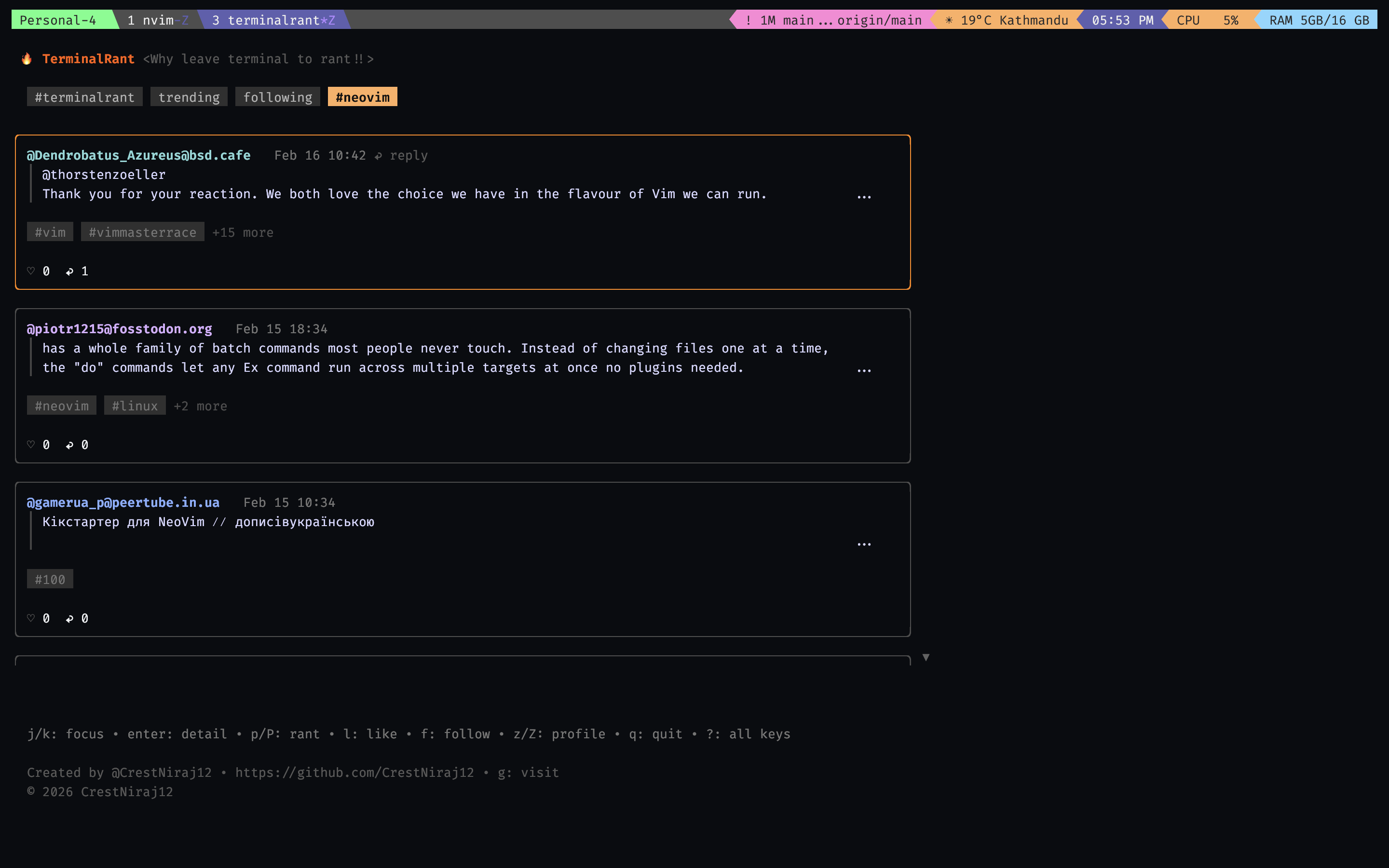 Show HN: TerminalRant – Mastodon for developers who live in the terminal