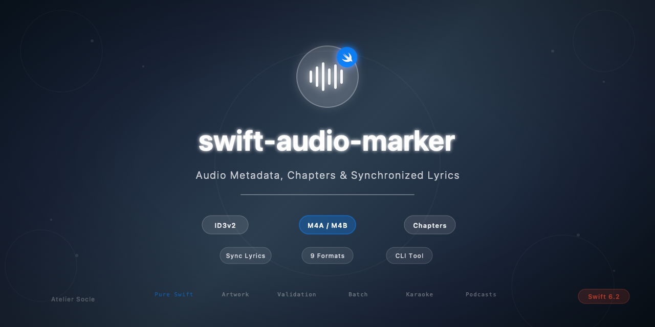 GitHub - atelier-socle/swift-audio-marker: Swift library for enriching audio files with chapters, metadata, artwork, and synchronized lyrics. Native ID3v2 and MP4 atom reading/writing, streaming I/O, zero third-party dependencies.