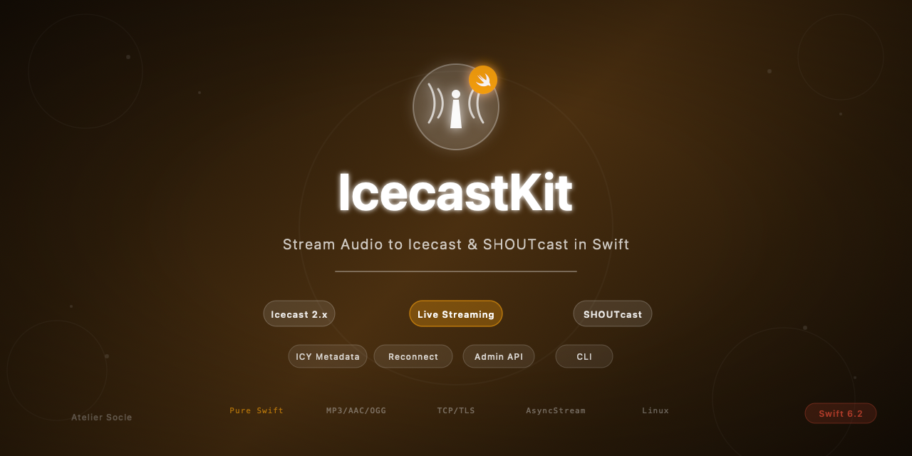 GitHub - atelier-socle/swift-icecast-kit: Pure Swift client for Icecast/SHOUTcast streaming. Adaptive bitrate, multi-destination, relay/ingest, recording, Digest auth, server presets, Prometheus/StatsD metrics. Zero dependencies. macOS · iOS · Linux