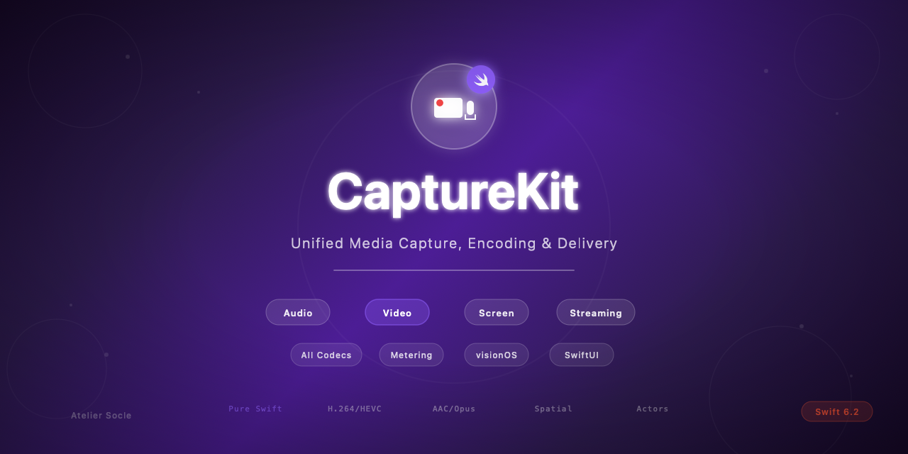 GitHub - atelier-socle/swift-capture-kit: Unified media capture, encoding & streaming for Apple platforms — every source, every codec, zero dependencies. Pure Swift 6.2.