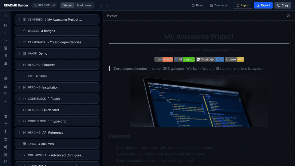 GitHub - ofershap/readme-builder: Visual drag-and-drop README editor ...