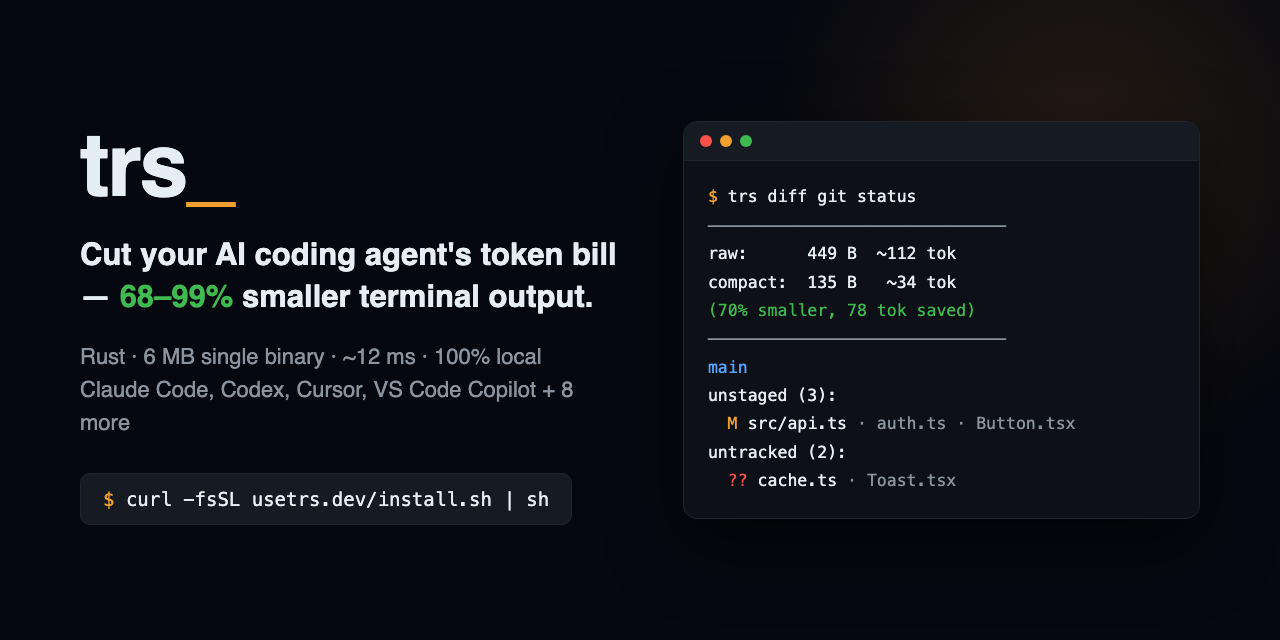 GitHub - dPeluChe/trs: Token-Reducing Shell — terminal output ...