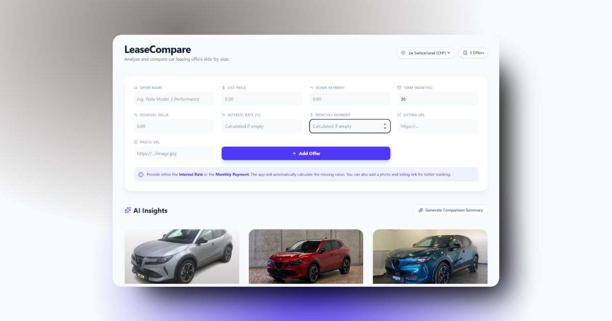 GitHub - Dan6erbond/lease-compare: Car lease comparison tool. · GitHub