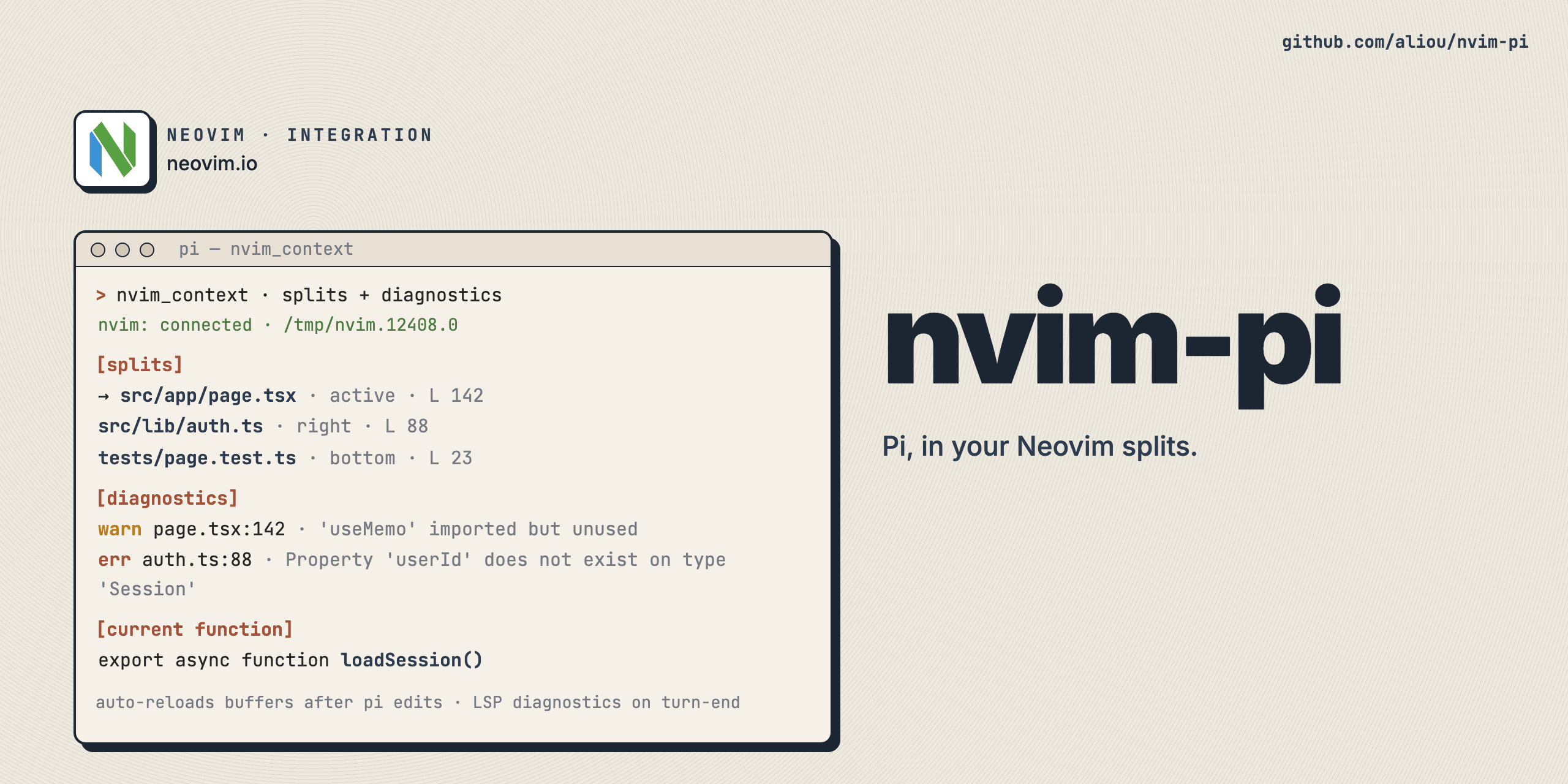 GitHub - aliou/nvim-pi: nvim + pi / bi-directional communication · GitHub