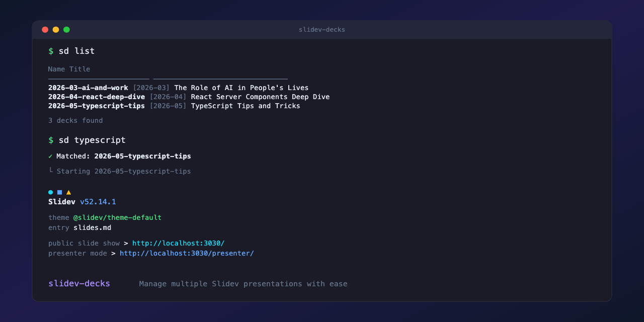 GitHub - afonsojramos/slidev-decks: CLI companion for managing multiple ...