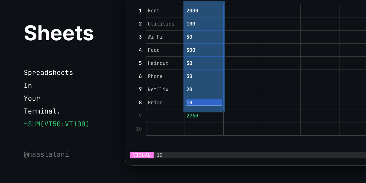 GitHub - maaslalani/sheets: Terminal based spreadsheet tool