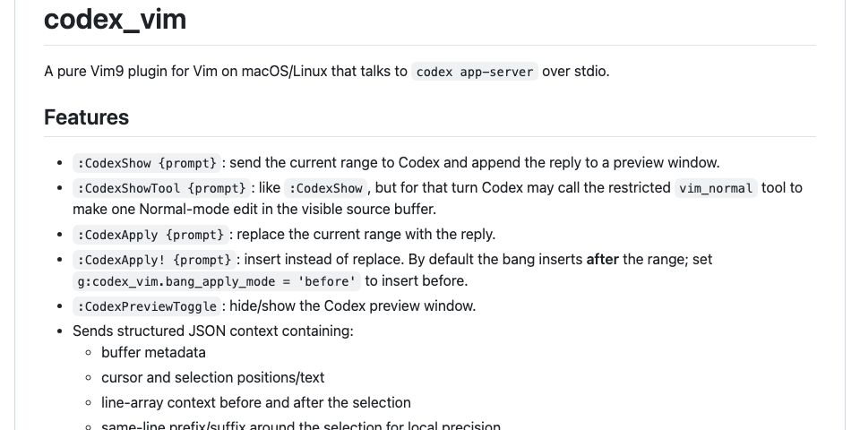 GitHub - AnswerDotAI/codex-vim9: A pure Vim9 plugin for Vim on macOS ...