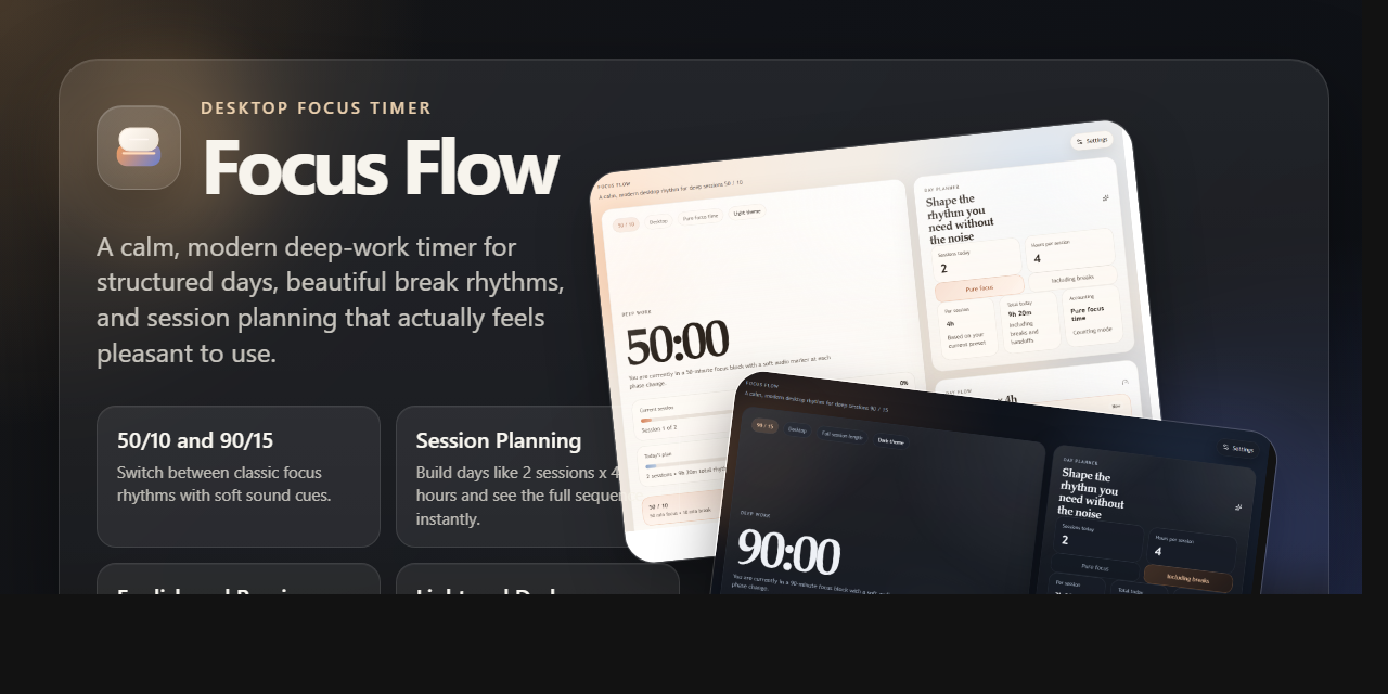 GitHub - CaspianG/focus-flow: Minimal desktop focus timer for 50/10 and ...