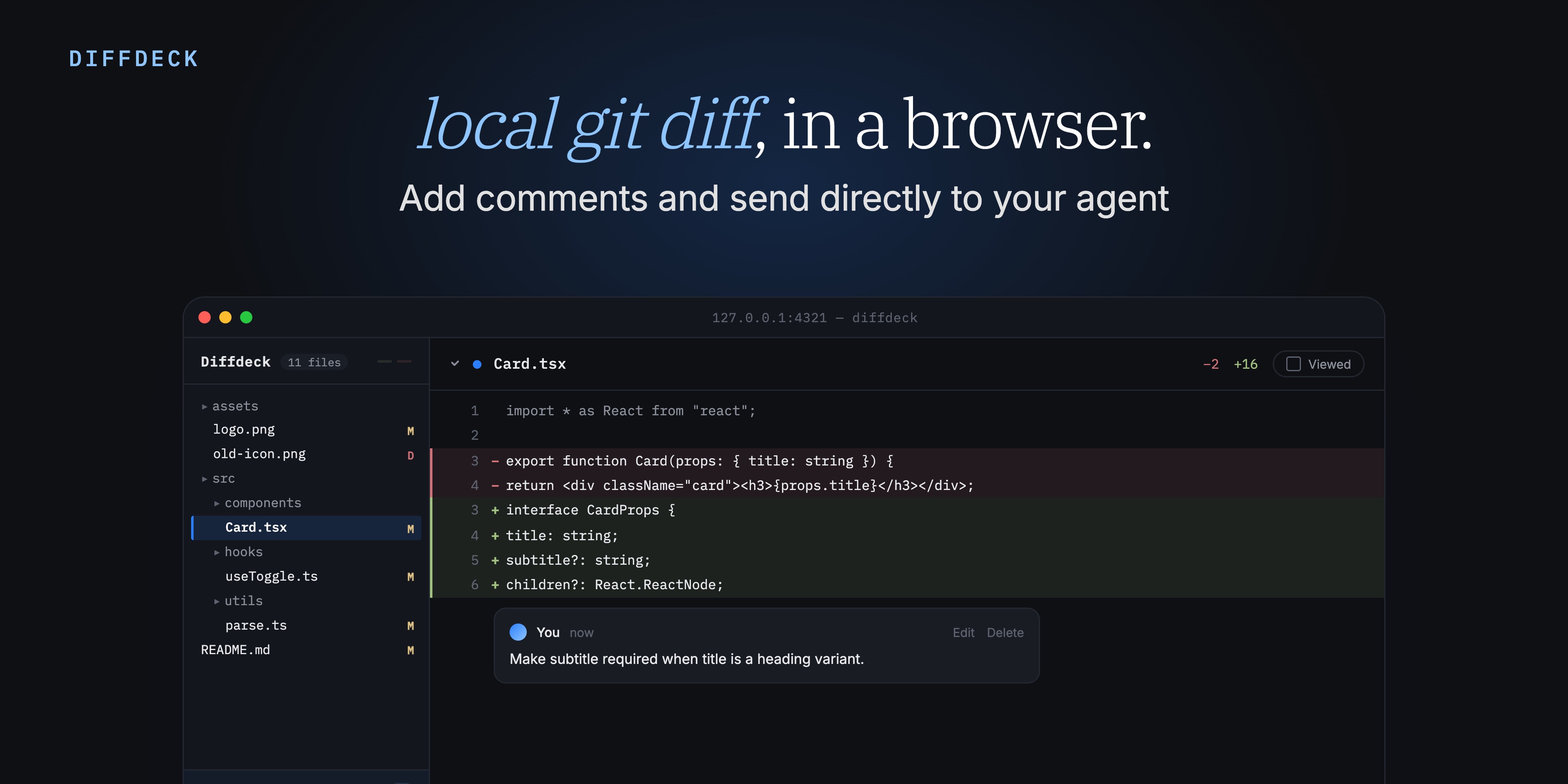 GitHub - ParthJadhav/DiffDeck: open git diffs in browser, add comments ...