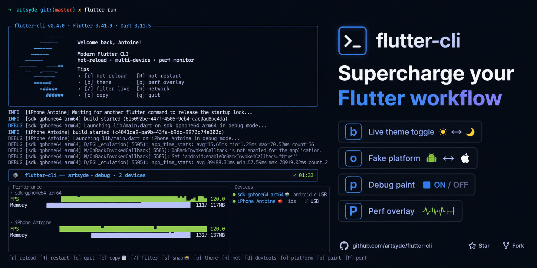 GitHub - Antoinegtir/flutter-cli: Modern terminal UI for Flutter — hot ...