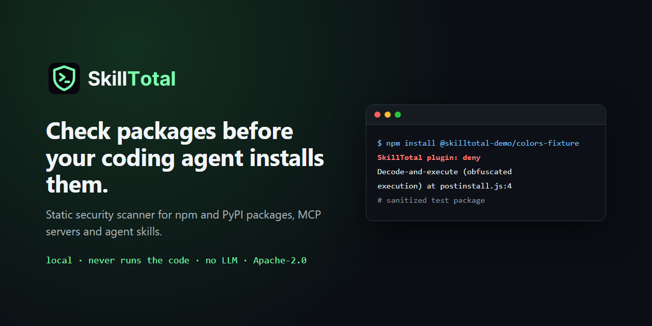 Show HN: SkillTotal – scan packages before Claude Code installs them
