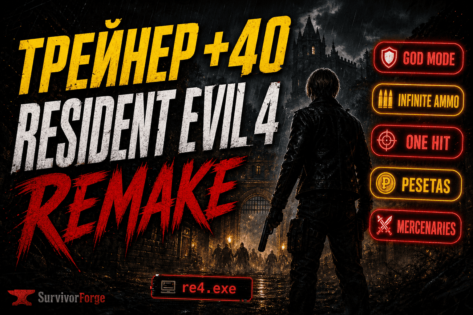 Resident-Evil-4-Remake-Trainer-GodMode-InfiniteAmmo-Pesetas-Mercenaries