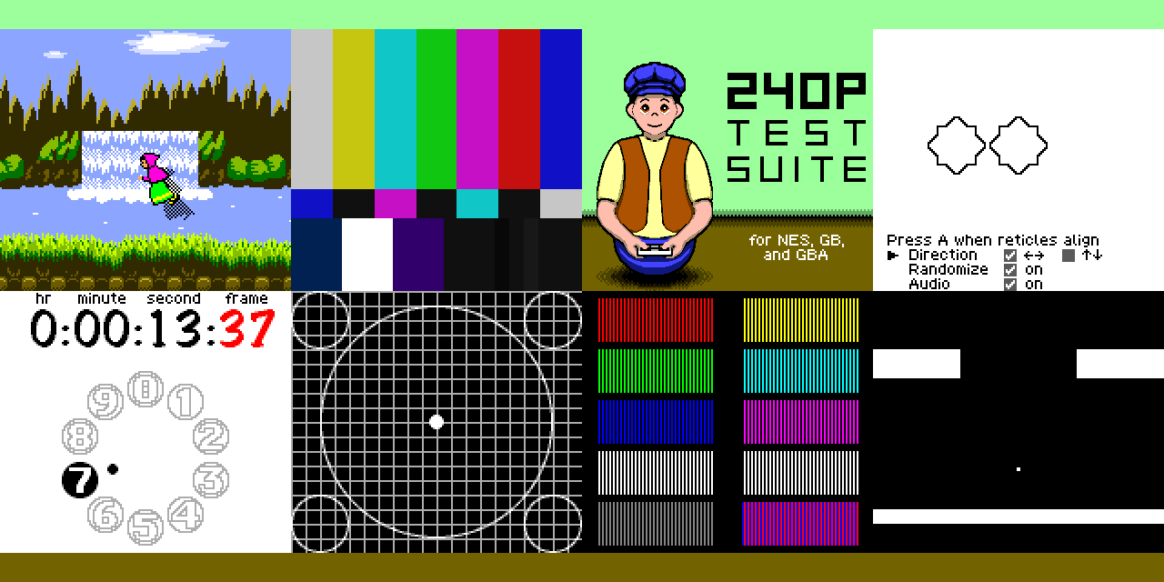 Drawing of Gus (the mascot of PinoBatch's ports of 240p Test Suite, a wobbly man wearing a brown vest, yellow shirt, blue sack over his round bottom, and blue newsboy cap) along with screenshots of Shadow sprite, SMPTE bars, Timing & reflex test, Stopwatch, Linearity, Color bleed, and Audio sync