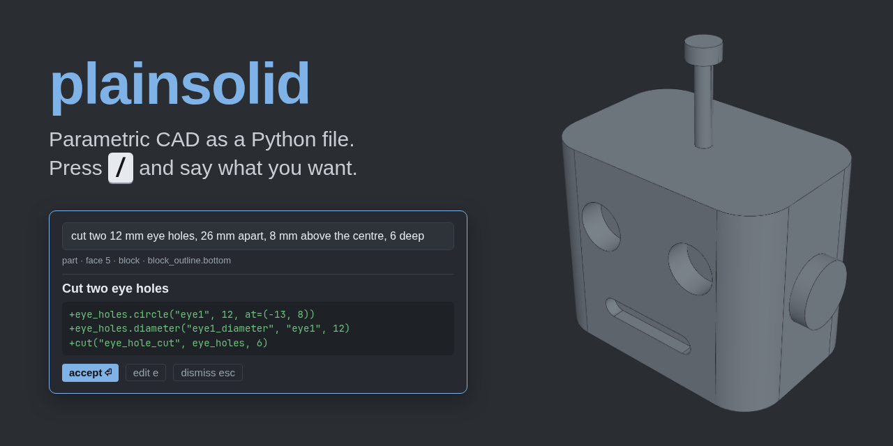 plainsolid — Parametric CAD as a Python file: a browser GUI, a CLI and an MCP server over one engine.…