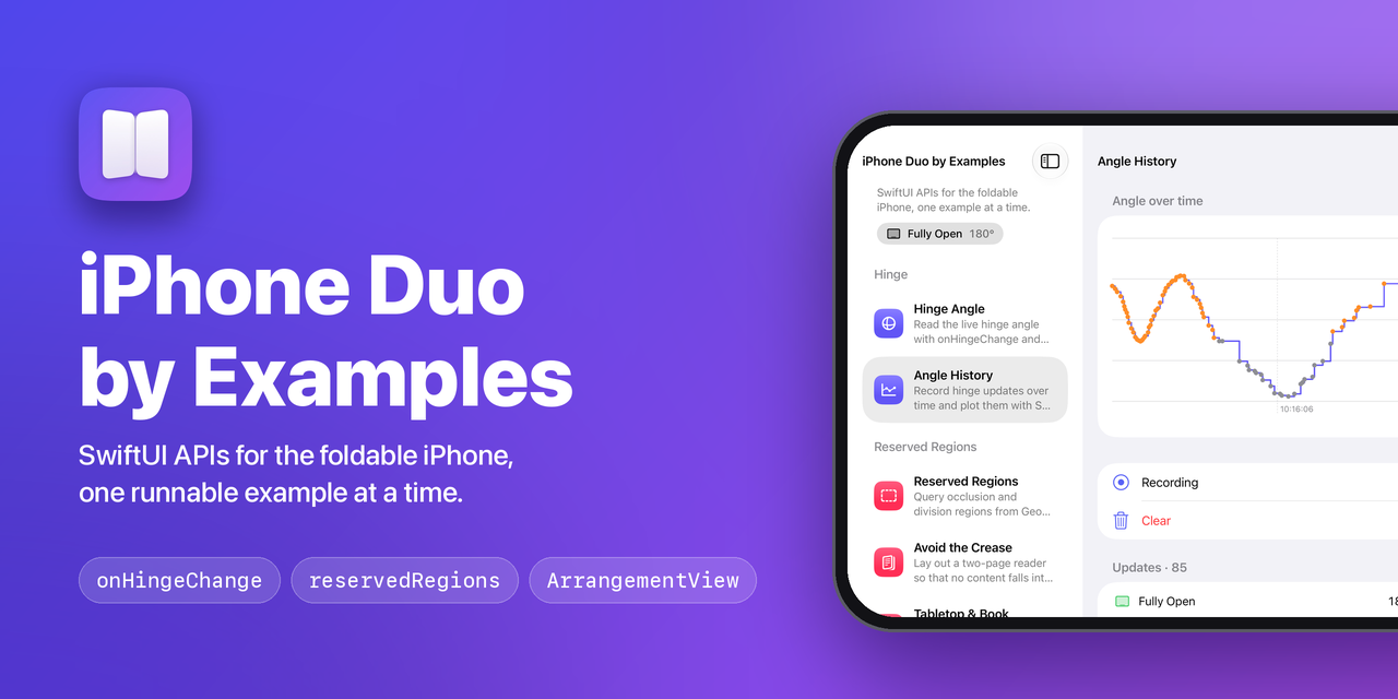 iphone-duo-by-examples — SwiftUI examples for the iPhone Duo (foldable iPhone) APIs in iOS 27.1: hinge, reserved…
