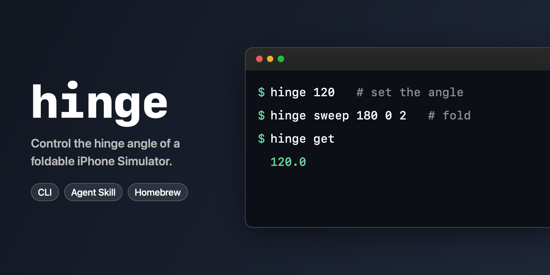 hinge — Control the hinge angle of a foldable iPhone Simulator (iPhone Duo) from the CLI or AI…