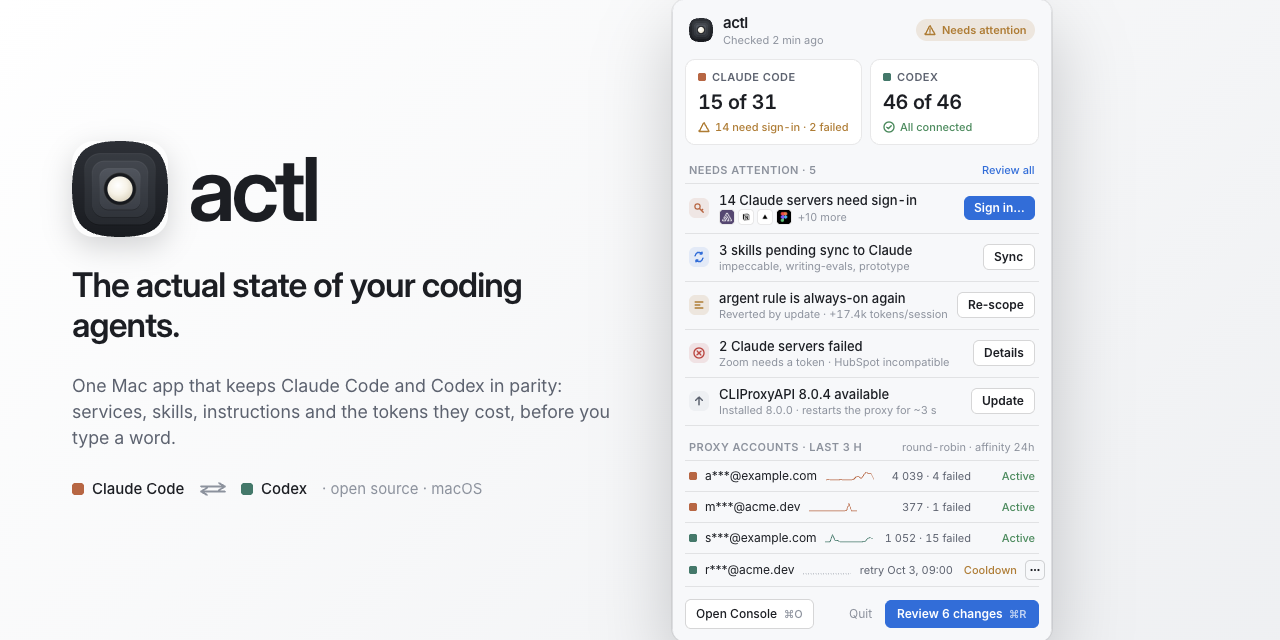 actl — actl (pronounced "actual"): the actual state of your coding agents.…