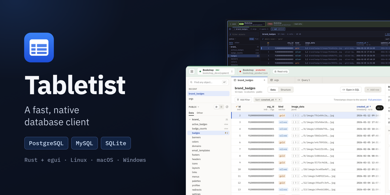 tabletist — A fast, native database client for PostgreSQL, MySQL and SQLite. Written in Rust with…