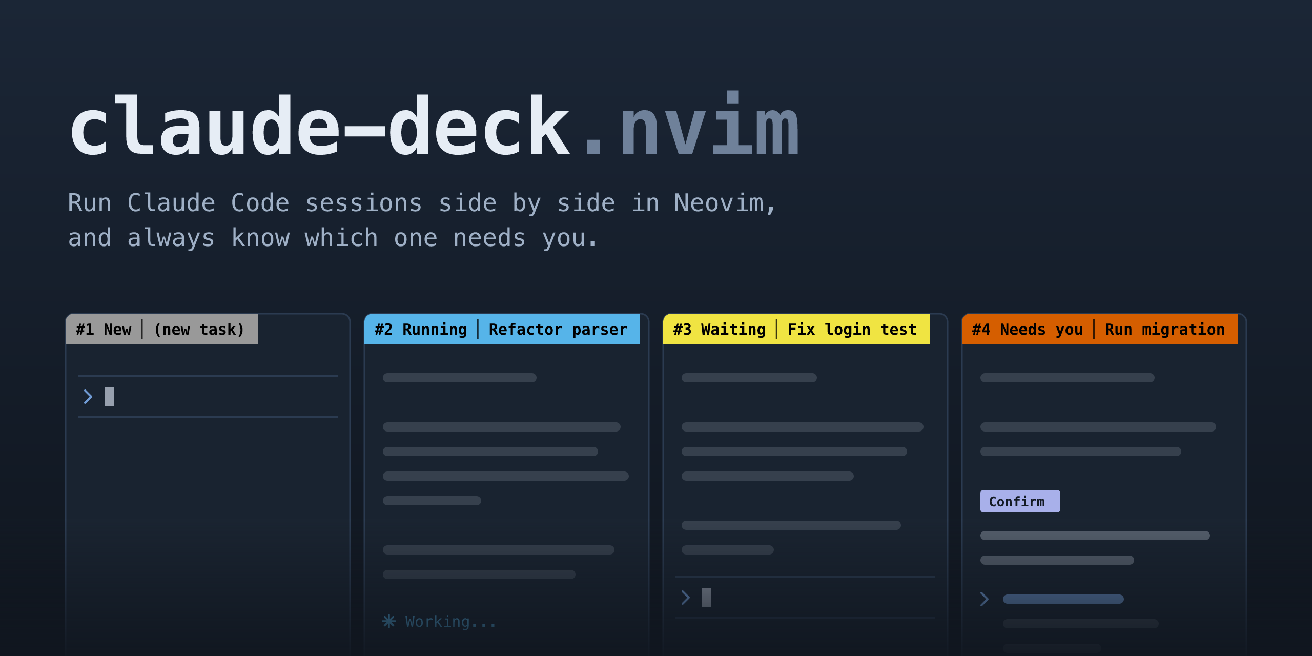 claude-deck.nvim — Run multiple Claude Code sessions in Neovim terminals with status, notifications and…