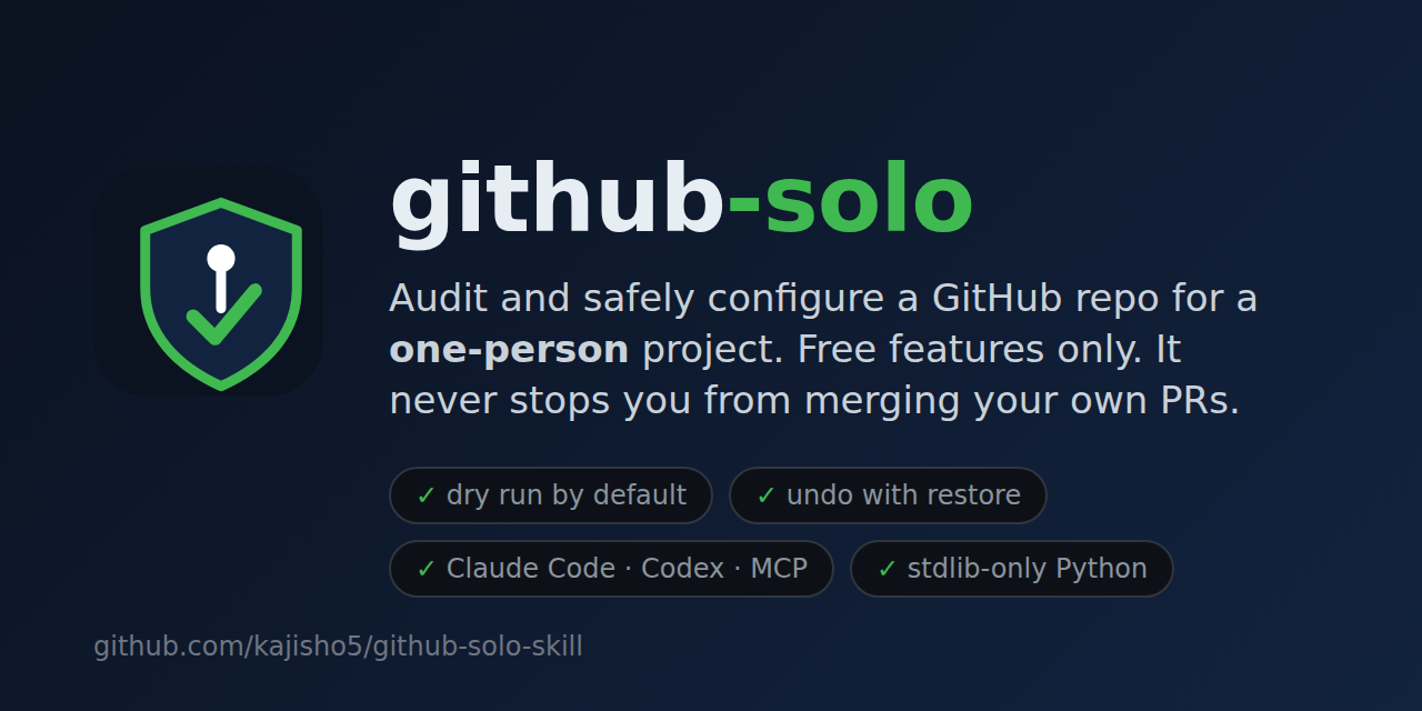 github-solo-skill — GitHub settings audit & safe auto-setup for solo developers. Never blocks your own PRs.…