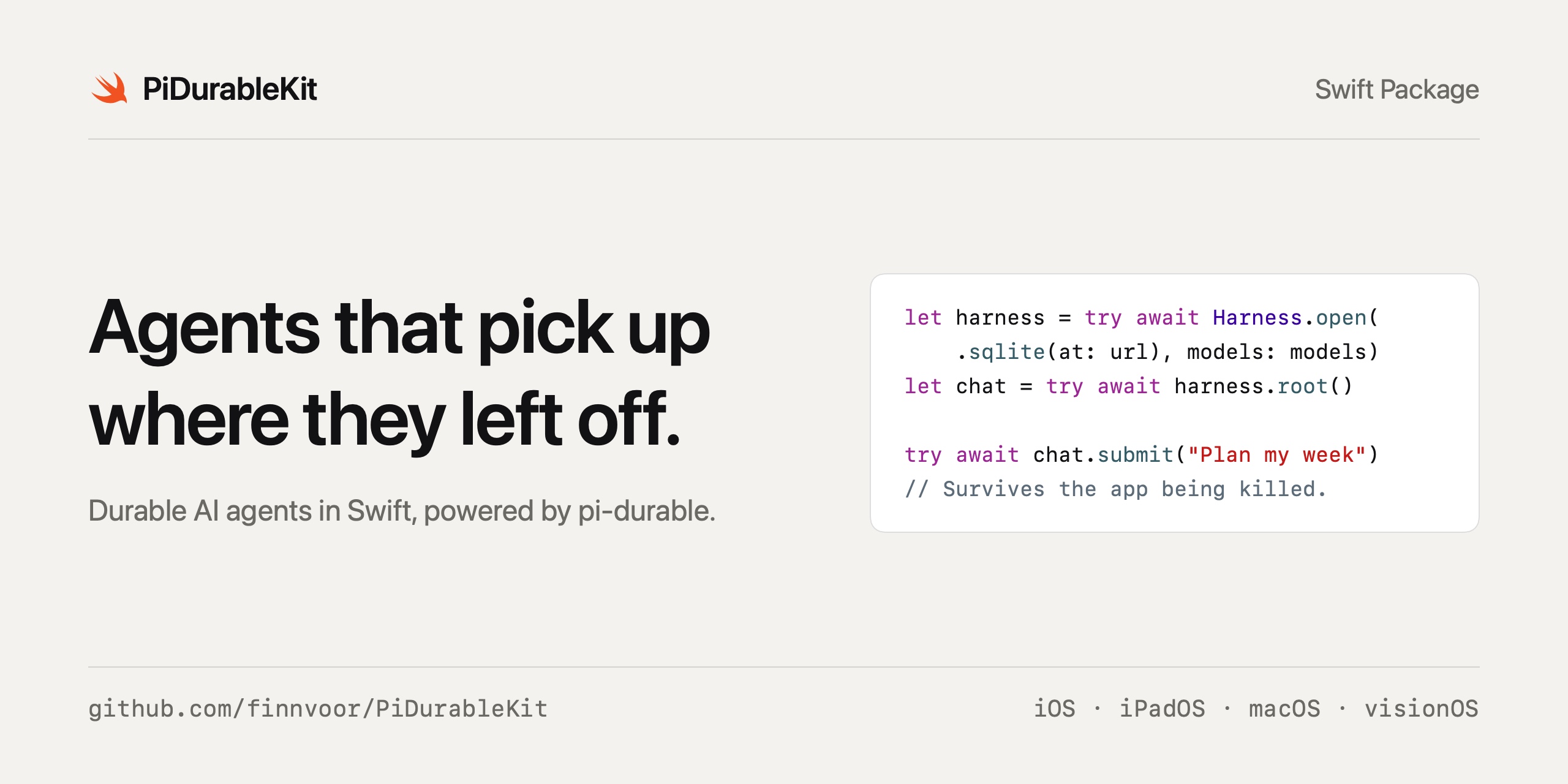 pidurablekit — Durable AI agents for Apple platforms: pi-durable on JavaScriptCore with a Swift API -…