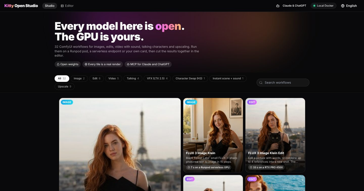 Kitty Open Studio: 33 open-weights ComfyUI workflows in a studio with a timeline, directed over MCP