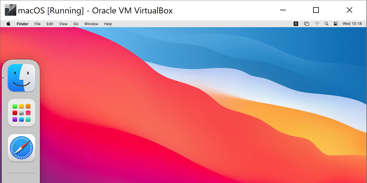 macOS inside a VirtualBox window with the dock positioned on the left