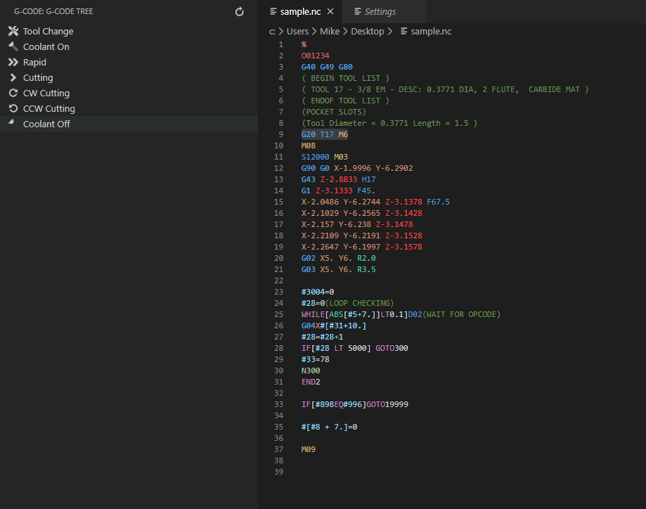 Example of a G-code generated by the developed software for a 3