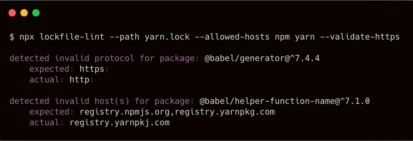 lockfile-lint - Lint an npm or yarn lockfile to analyze and detect security issues