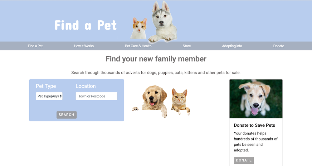 Pet store search websites