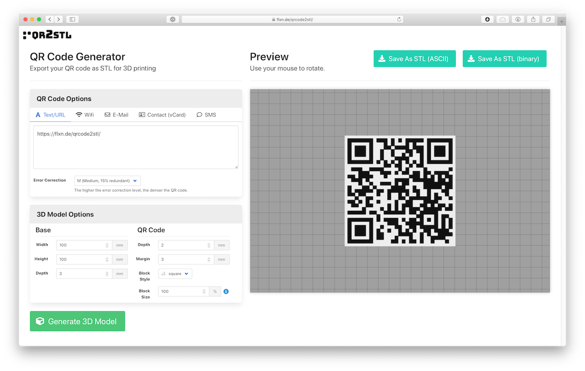 GitHub Flxn qrcode2stl App To Create 3d printable QR Codes
