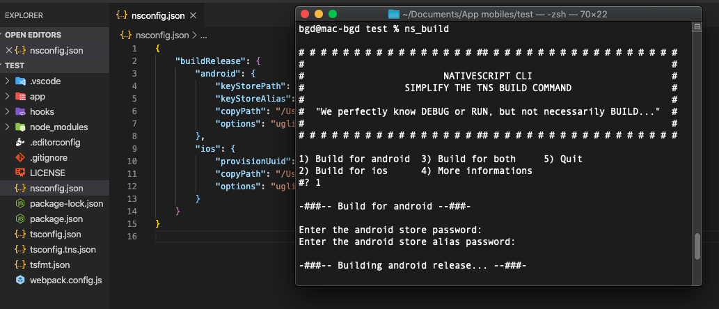 Screenshot of NativeScript Build Release utility