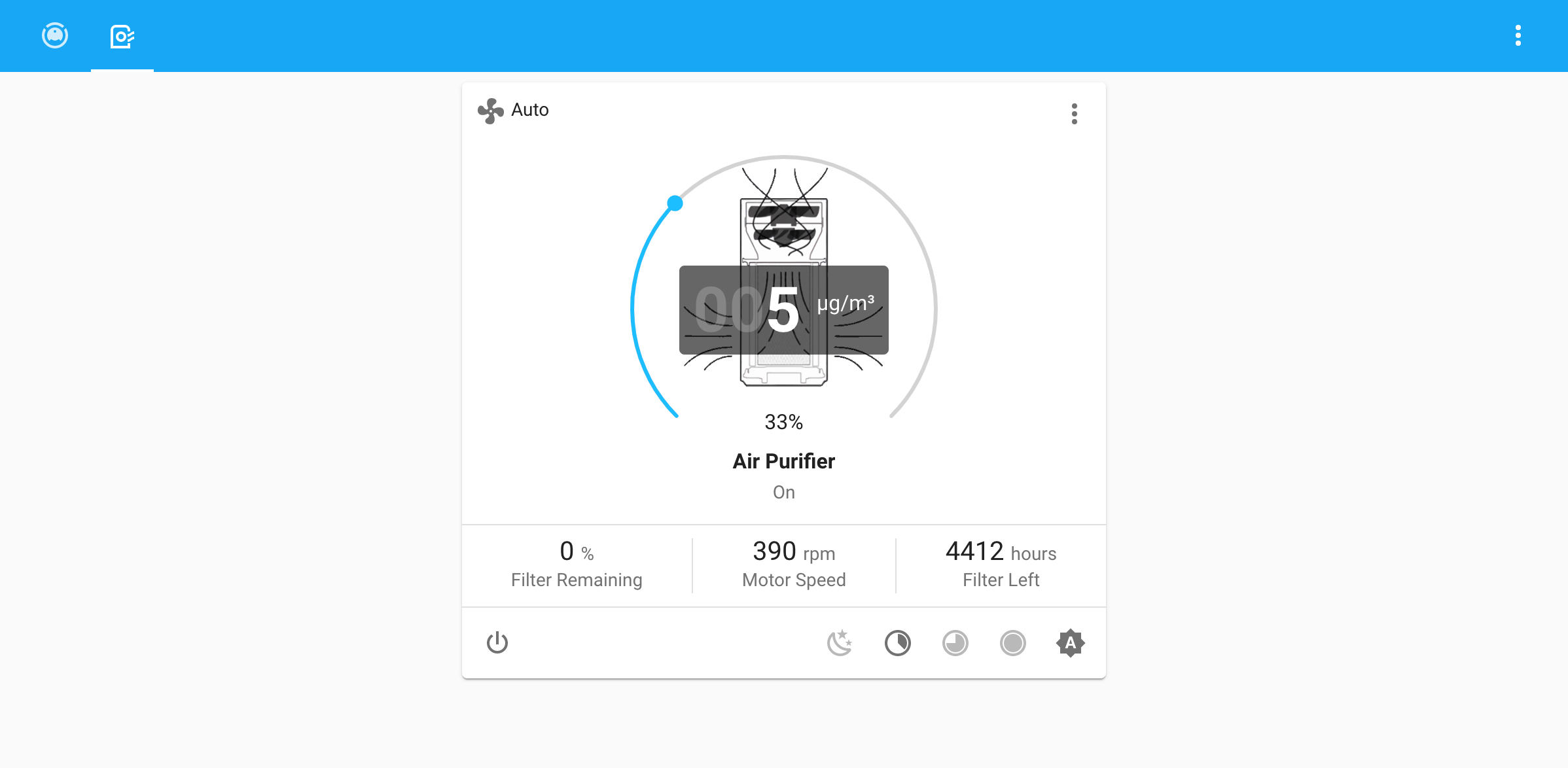  A screenshot of the user interface for a Xiaomi air purifier, showing the current air quality, fan speed, filter status, and other settings.