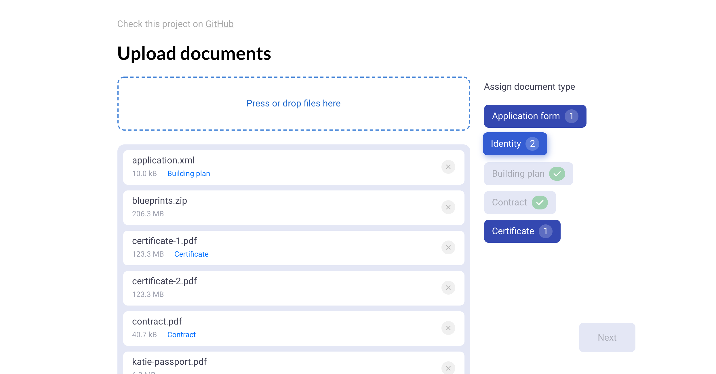 documents upload user interface