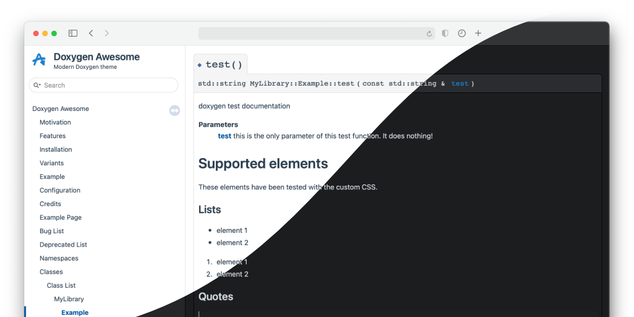 To use the theme when generating your documentation, bring the required CSS and JS files from this repository into your project. All theme files are l