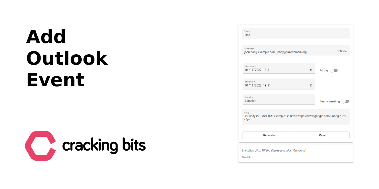 GitHub CrackingBits/addoutlookevent URL generator for Office 365 events.