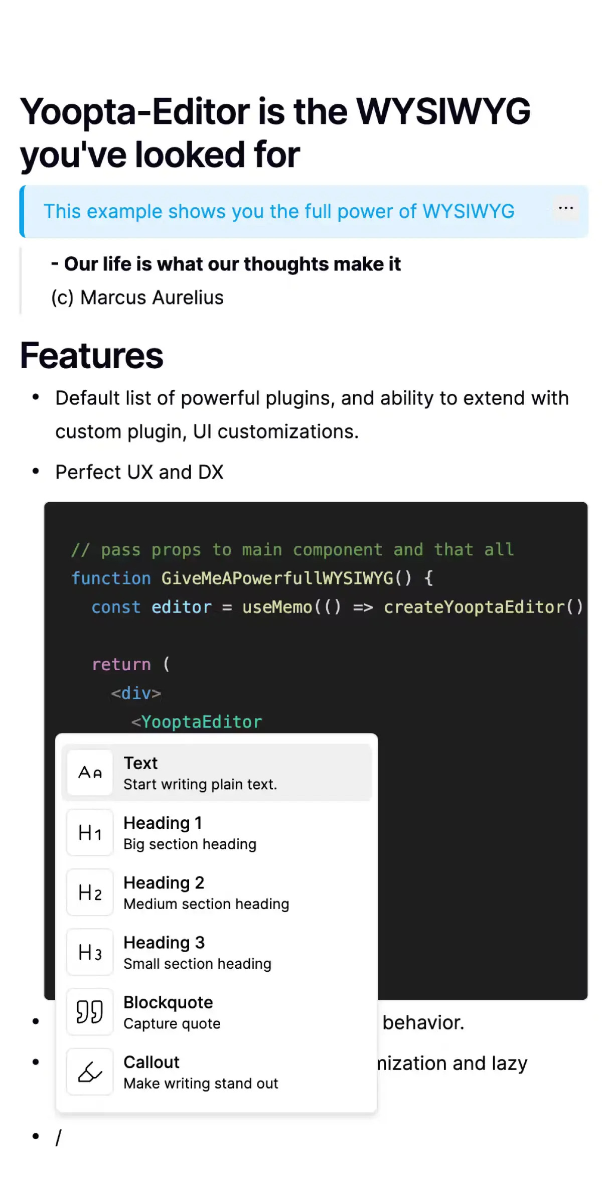 Yoopta-Editor is a free, open-source rich-text editor built for React apps. It’s packed with features that let you build an editor as powerful and u