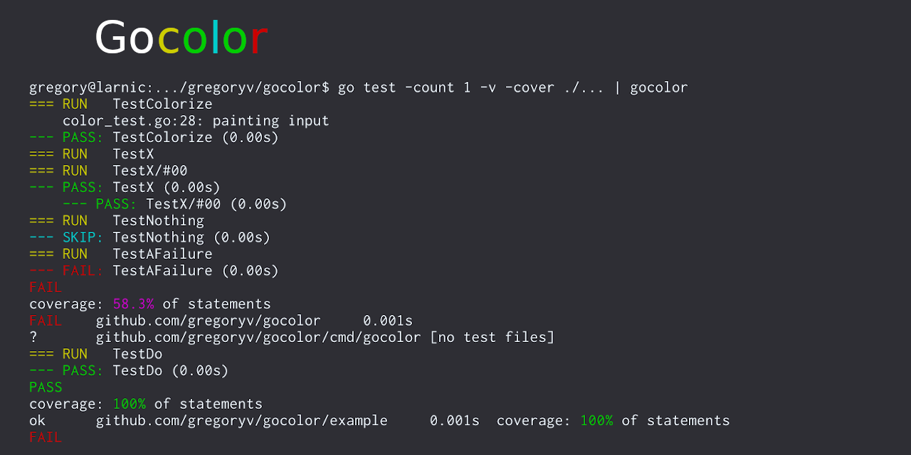 GitHub - gregoryv/gocolor: Colorize go test output and more