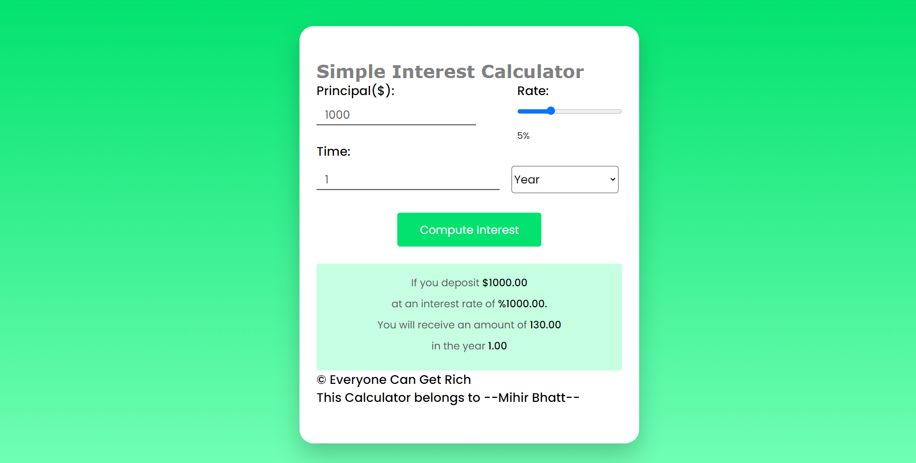 GitHub - Mihirbhatt161/Simple-Interest-Calculator