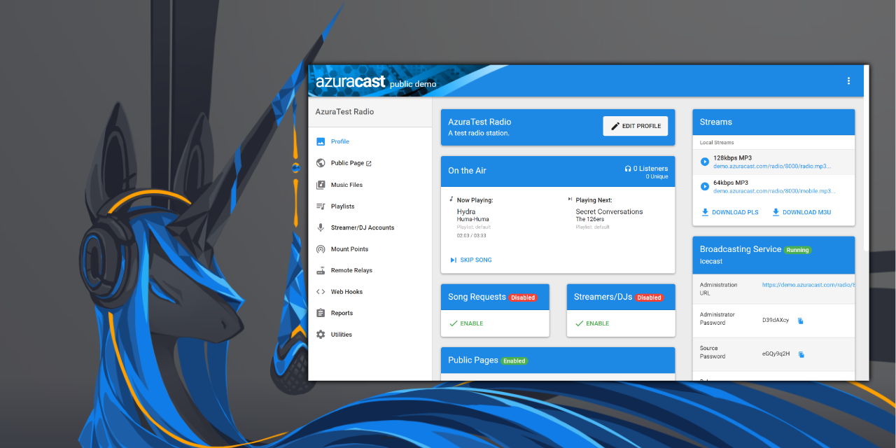 AzuraCast is a self-hosted, all-in-one web radio management suite. Using its easy installer and powerful but intuitive web interface, you can start up