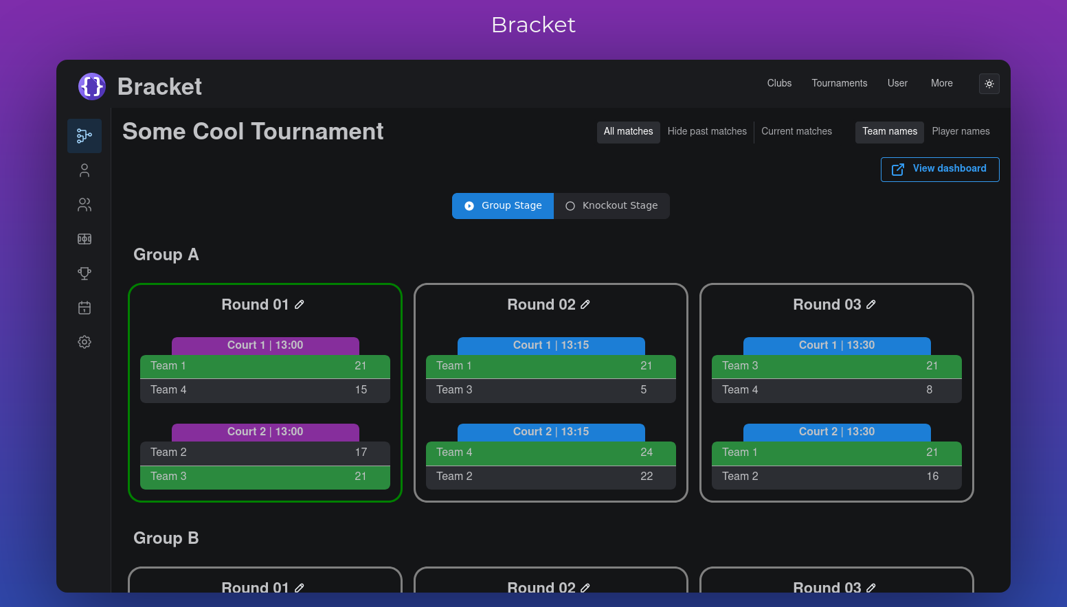 Tournament system meant to be easy to use. Bracket is written in async Python (with FastAPI) and Next.js as frontend using the Mantine library. A demo