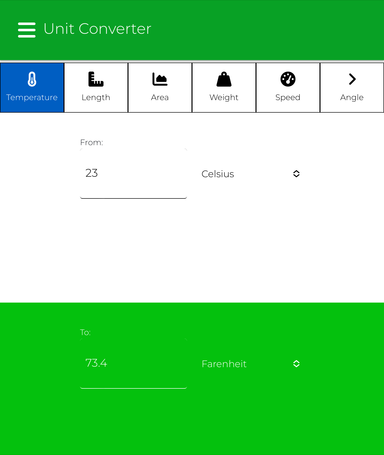 Screenshot of unit converter app on tablet view