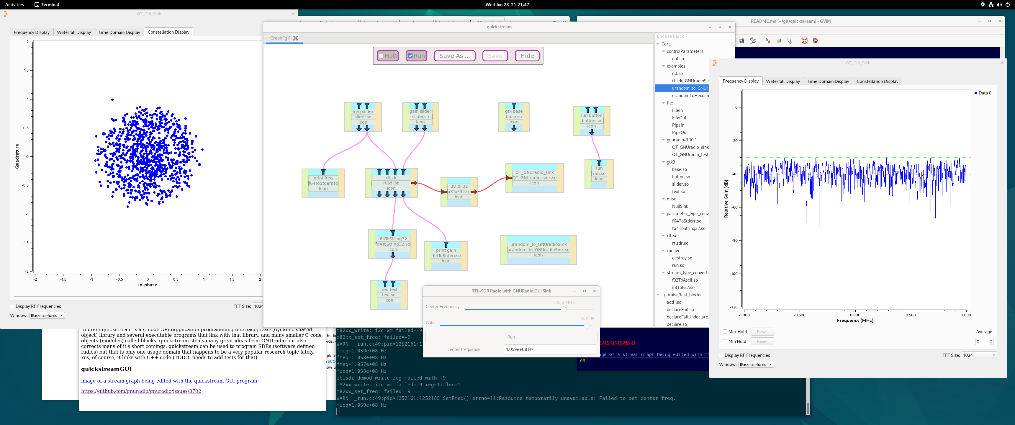 image of a stream graph being run and edited with the quickstream GUI program