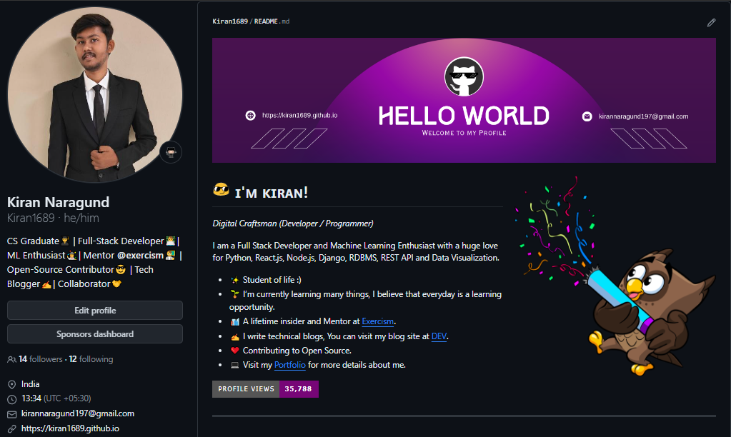 GitHub - Kiran1689/kiran1689: Dynamic readme profile template. Do not ...